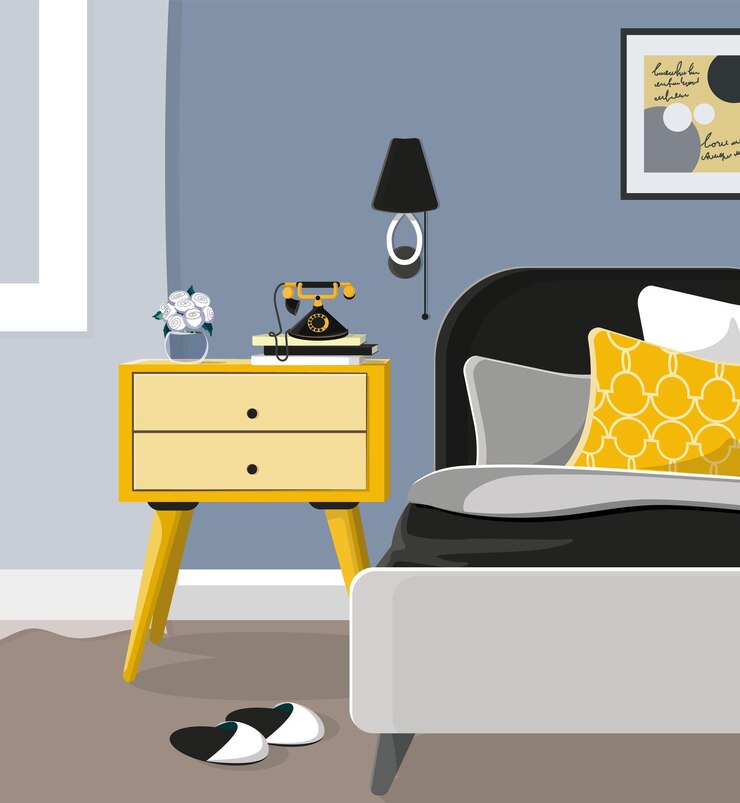 Un comodino con libri, fiori e un telefono retrò. Un frammento dell'interno della camera da letto.