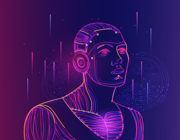 Un concetto di intelligenza artificiale viola e illustrato con volto umano. Apprendimento automatico profondo con rete neurale in un mondo virtuale astratto. Illustrazione vettoriale