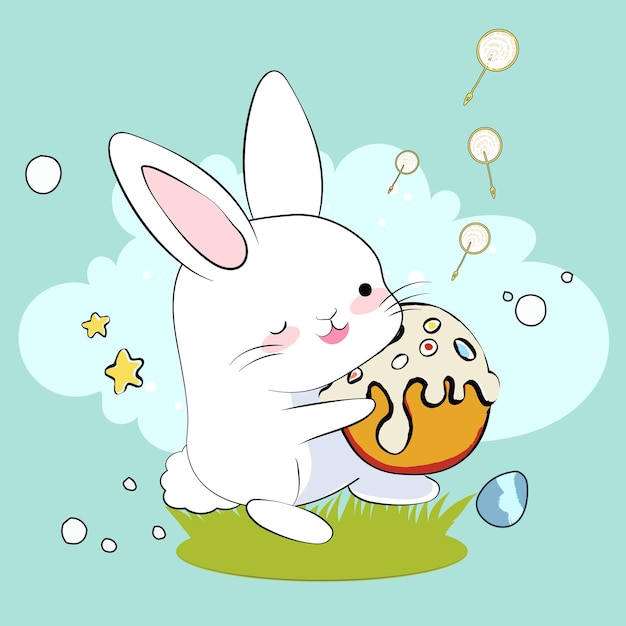 Un coniglietto cartone animato con un cesto di uova di Pasqua