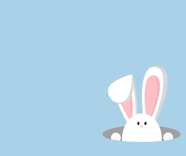 un coniglio bianco con le orecchie rosa fa capolino da un buco su sfondo blu, pasqua, capodanno