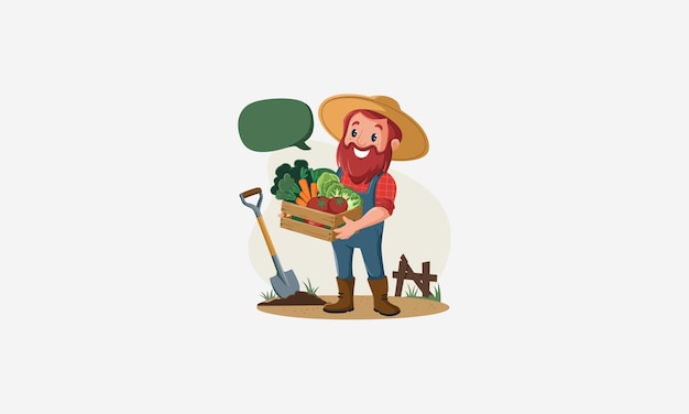 Un contadino felice con un cesto di verdure in piedi con una pala in giardino
