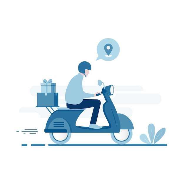 Un corriere che consegna merci in sella a uno scooter che effettua un servizio di consegna online