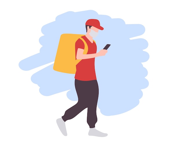 Un corriere uomo in maschera che cammina con una borsa e un telefono in mano effettua una consegna durante il periodo di quarantena. Illustrazione vettoriale piatto isolato.