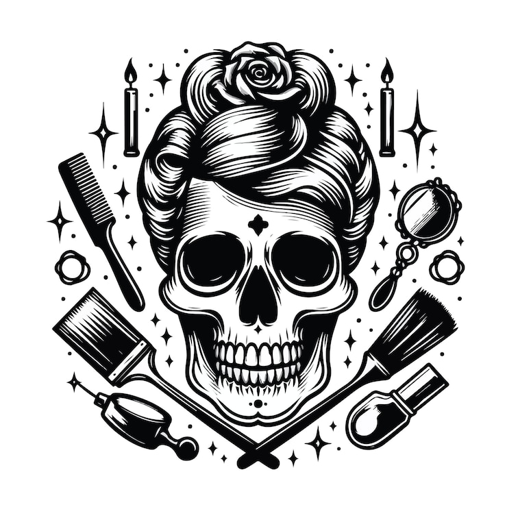 Vettore un cranio con rose su di esso è disegnato in bianco e nero