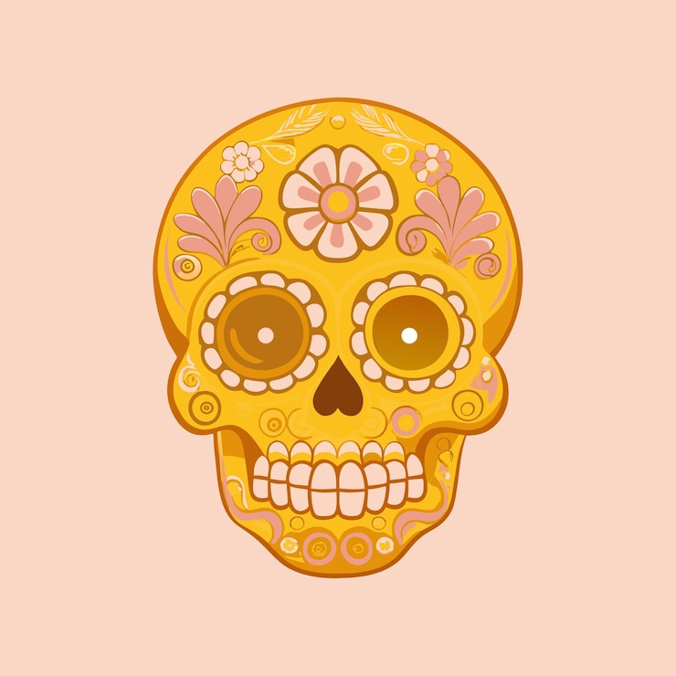 Vettore un cranio giallo con fiori su di esso è dipinto su uno sfondo rosa