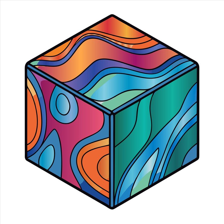 Vettore un cubo colorato con un disegno colorato su di esso