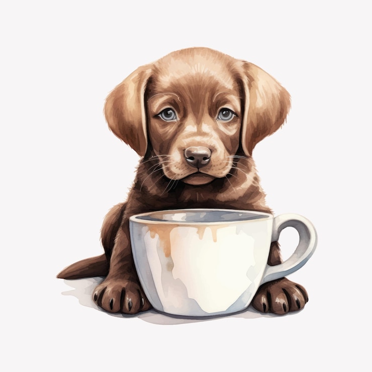 Vettore un cucciolo adorabile con una tazza di caffè.