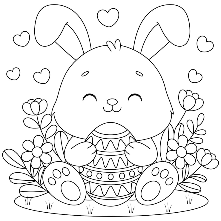 Vettore un cucciolo kawaii carino sta abbracciando un personaggio di cartone animato decorato con un uovo di pasqua su uno sfondo floreale. illustrazione vettoriale per bambini