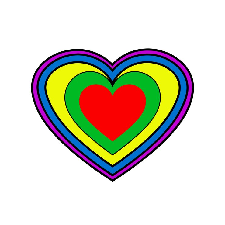 Vettore un cuore arcobaleno con un nucleo rosso con strisce diagonali in colori audaci amore a colori multipli