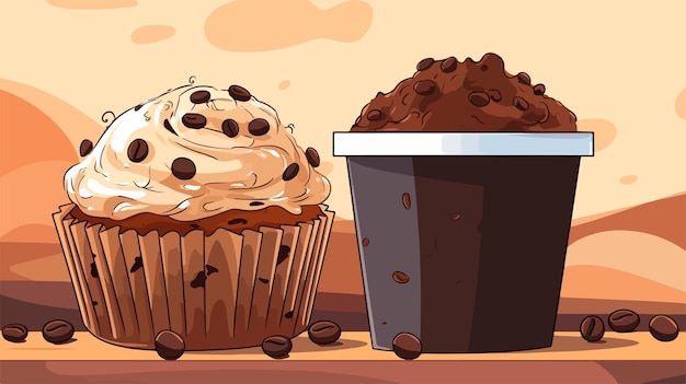 un cupcake con un contenitore di cioccolato e una tazza di caffè