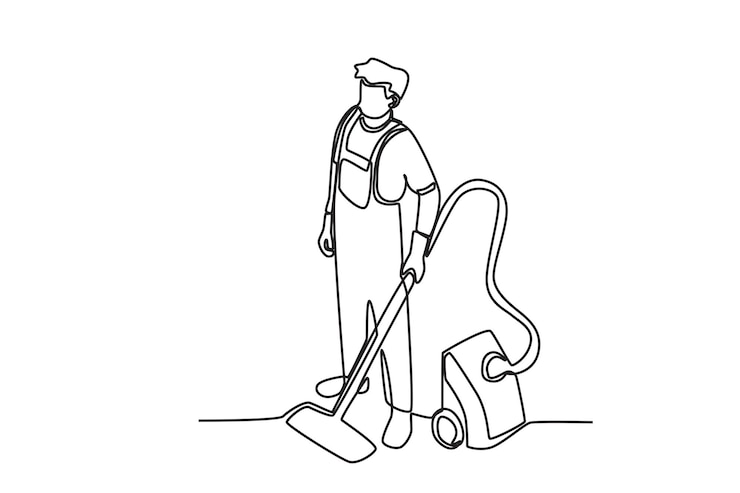 Vettore un custode che tiene in mano un aspirapolvere servizio di pulizia disegno on-line