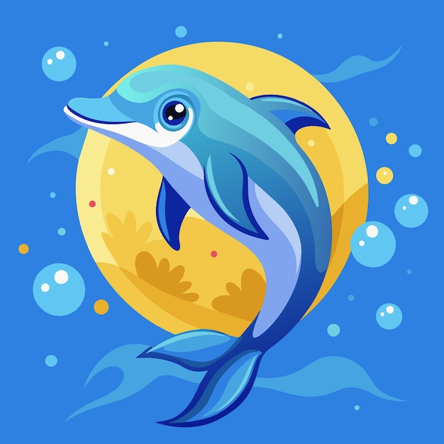 un delfino sta nuotando nell'oceano con una luna gialla e l'oceano sullo sfondo