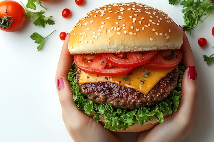 Vettore un delizioso cheeseburger in mano perfetto per la fotografia di cibo