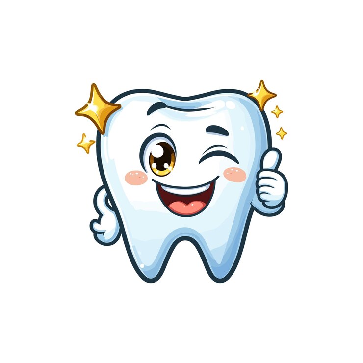 Vettore un dente bianco di cartone animato con un ampio sorriso dentato che dà un grande pollice in alto e un audace intonaco vettore illu