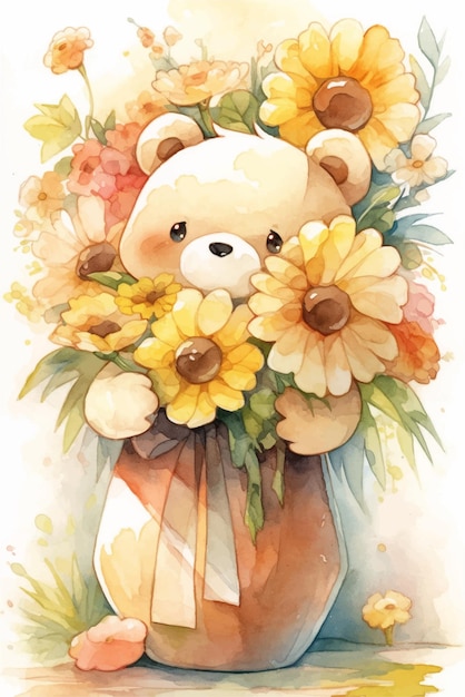 Un dipinto ad acquerello di un orsacchiotto con in mano un mazzo di fiori.