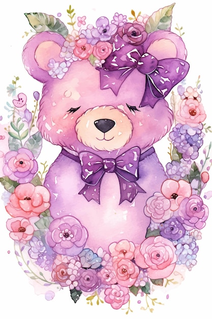 Un dipinto ad acquerello di un simpatico orso con un fiocco viola.