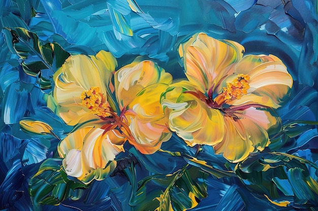 Un dipinto ad olio presenta due fiori gialli e foglie verdi su uno sfondo blu nello stile di ta