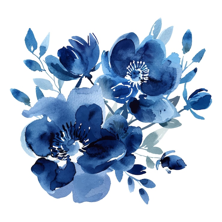 Vettore un dipinto di fiori blu con le parole blu e bianco