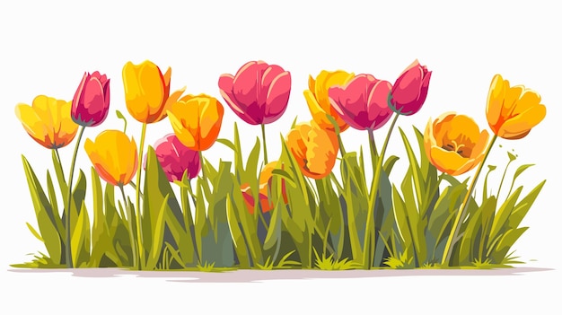 un dipinto di tulipani in un campo con un fiore rosa in primo piano