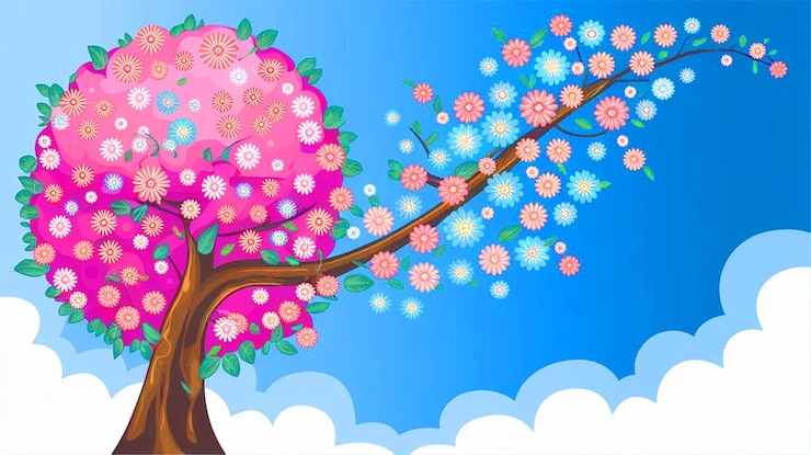 Vettore un dipinto di un albero con fiori e la parola ciliegio su di esso