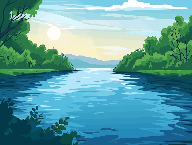Vettore un dipinto di un fiume con alberi e un lago con un sole sullo sfondo