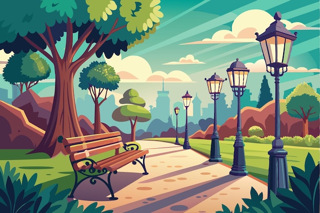 un dipinto di un parco con una panchina e lampade di strada