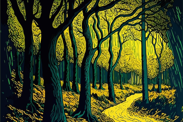 Un dipinto di un sentiero attraverso una foresta con uno sfondo giallo