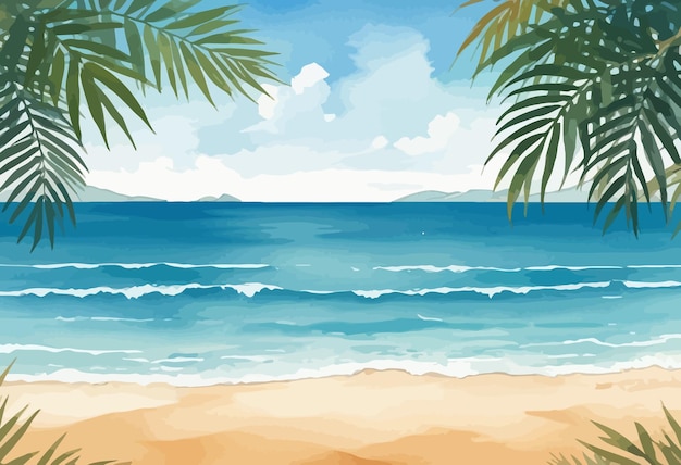 un dipinto di una spiaggia con palme e una scena sulla spiaggia