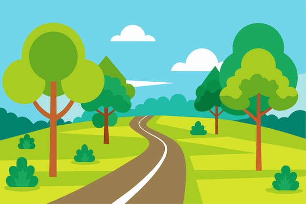 un dipinto di una strada con alberi e una strada