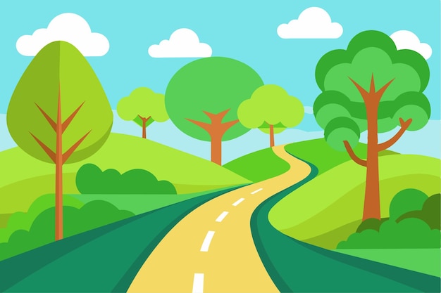 un dipinto di una strada con alberi e una strada