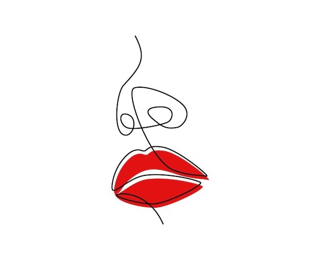 Un disegno a linea continua delle labbra con rossetto rosso Ritratto volto moderno di trucco in semplice stile lineare Icona mascotte per poster carte banner modello web Doodle illustrazione vettoriale