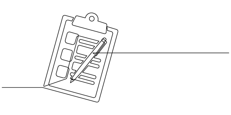 Vettore un disegno a linea continua di clipboard con lista di controllo e penna lista di attività con segnalibri e concetto