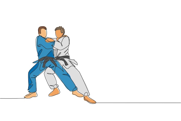 Un disegno a linea continua di due giovani che allenano il judo nel vettore di battaglia Jiu jitsu della palestra