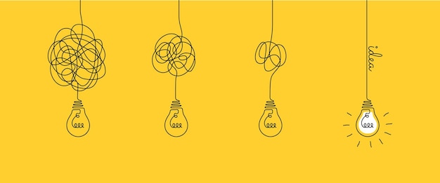 Un disegno a linea continua di fili aggrovigliati e scarabocchi con lampadine Concetto di complesso processo di risoluzione dei problemi e idea chiarificatrice in semplice stile lineare Tratto modificabile Illustrazione vettoriale