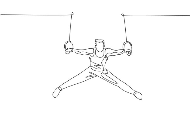 Un disegno a linea continua di un uomo che esercita anelli costanti in ginnastica un atleta ginnasta in leotardo