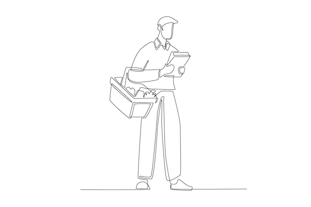 Un disegno a linea continua di un uomo con il carrello che controlla la lista della spesa nella nota Concetto di centro commerciale Illustrazione grafica vettoriale di disegno a linea singola