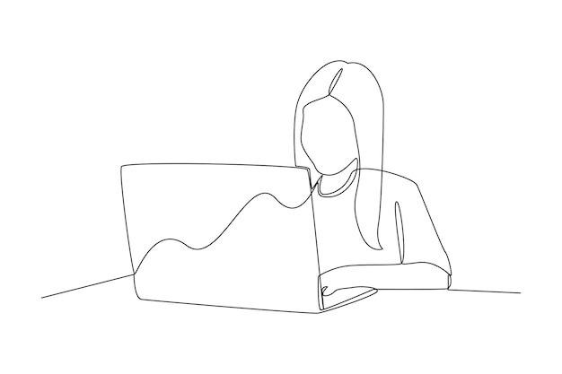 Un disegno a linea continua di una donna che usa il laptop per esercitarsi. Tratto modificabile dal concetto minimalista e pratica semplice