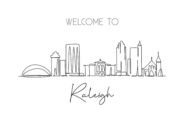 Un disegno a linea singola dello skyline della città di Raleigh Stati Uniti Paesaggio storico della città Miglior destinazione per le vacanze Decorazione murale Arte poster stampa Disegno a linea continua trendy Illustrazione vettoriale