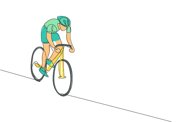 Un disegno a linea singola di un giovane ciclista energico che si concentra per inseguire il vettore rivale
