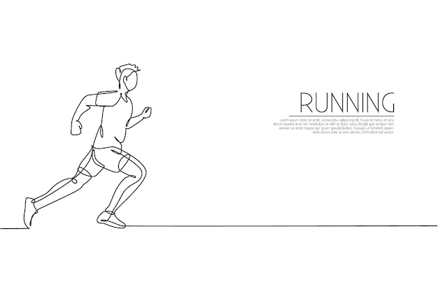 Un disegno a linea singola di un giovane corridore energico che corre veloce grafica vettoriale Design sportivo