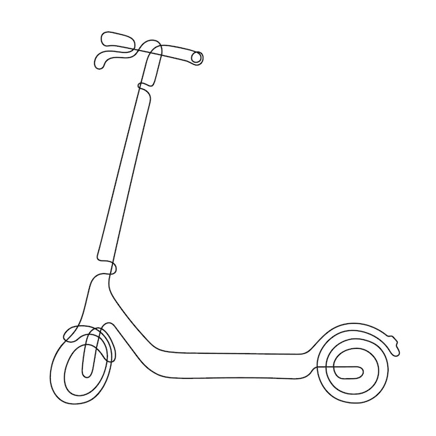 Un disegno a tratteggio di uno scooter a due ruote isolato su uno sfondo bianco.