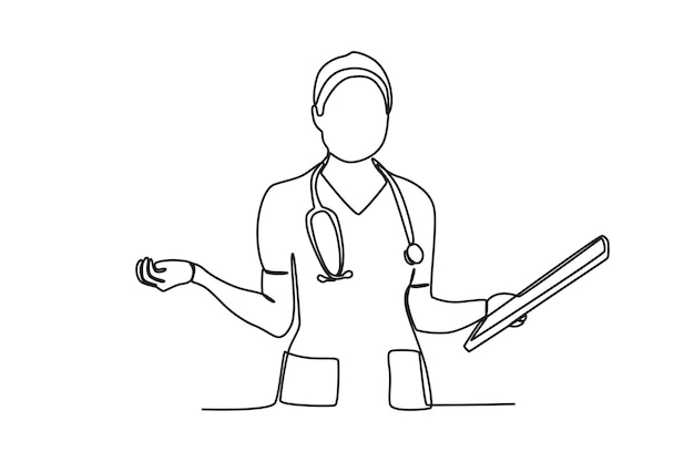 Un disegno a tratteggio singolo di un'ostetrica confusa con i dati del paziente