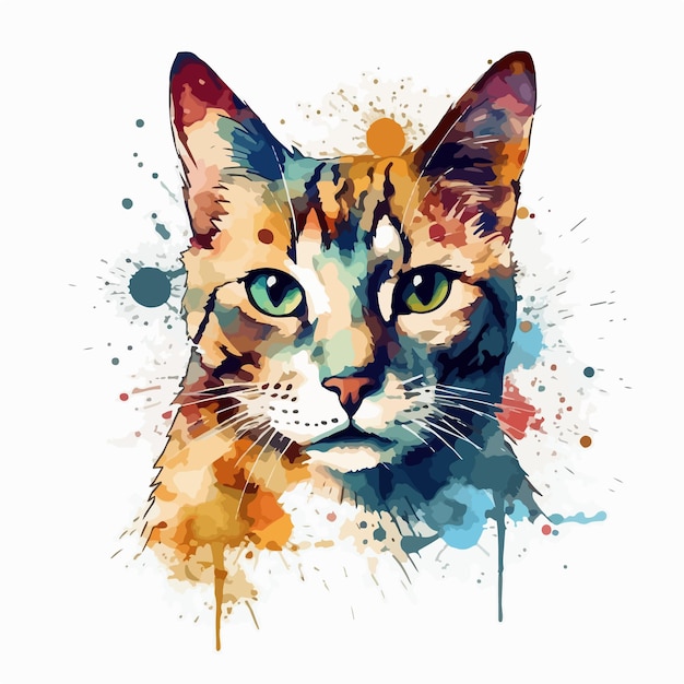 Un disegno ad acquerello di un gatto con una faccia colorata.