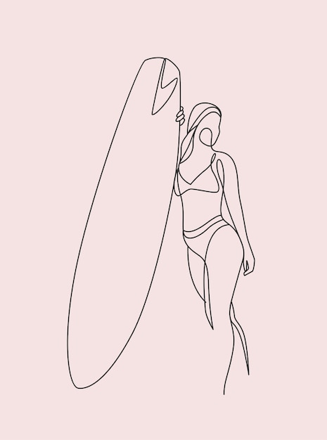 Un disegno al tratto di una ragazza surfista con una tavola da surf.