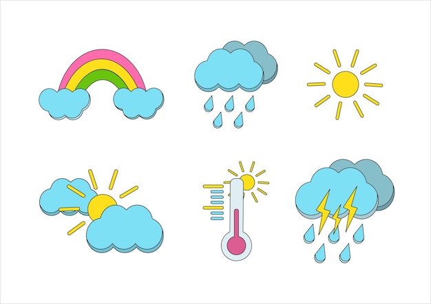 Un disegno animato di diverse condizioni meteorologiche tra cui un arcobaleno, un arcobaleno e una nuvola di pioggia.