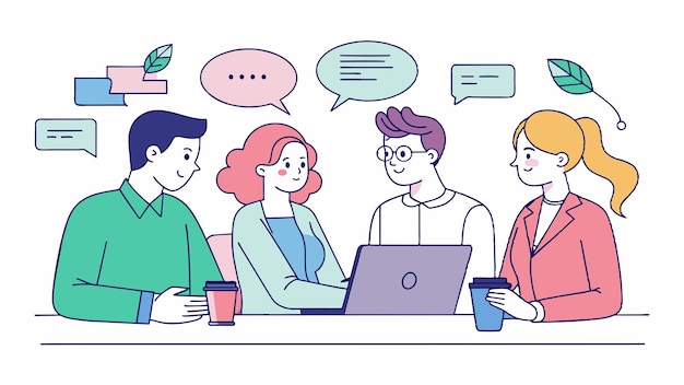 un disegno animato di persone sedute a un tavolo con un uomo su un laptop e una donna con un telefono davanti a lui