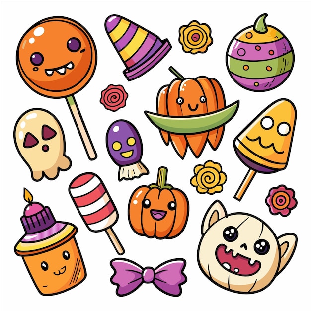 un disegno animato di un tema di Halloween con una caramella di zucca e una zucca