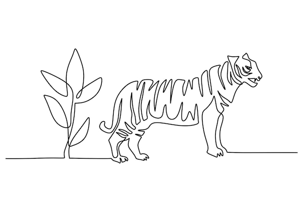 Un disegno continuo a mano a linea singola della giornata internazionale della tigre con grande tigre e pianta isolata su sfondo bianco