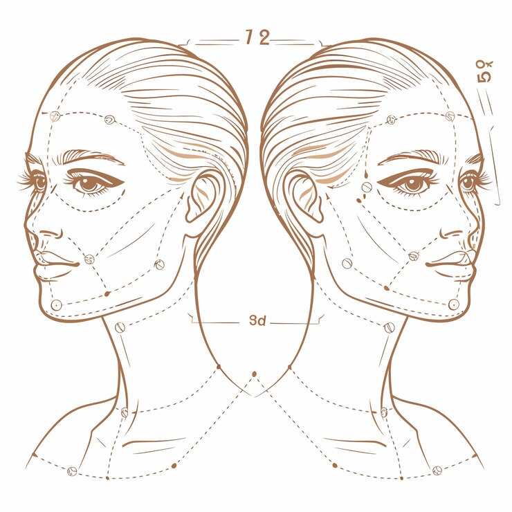 Vettore un disegno della faccia di una donna con un righello e i numeri 1 e 3