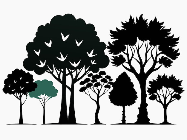 un disegno di alberi con uno sfondo bianco e nero con un uccello al centro